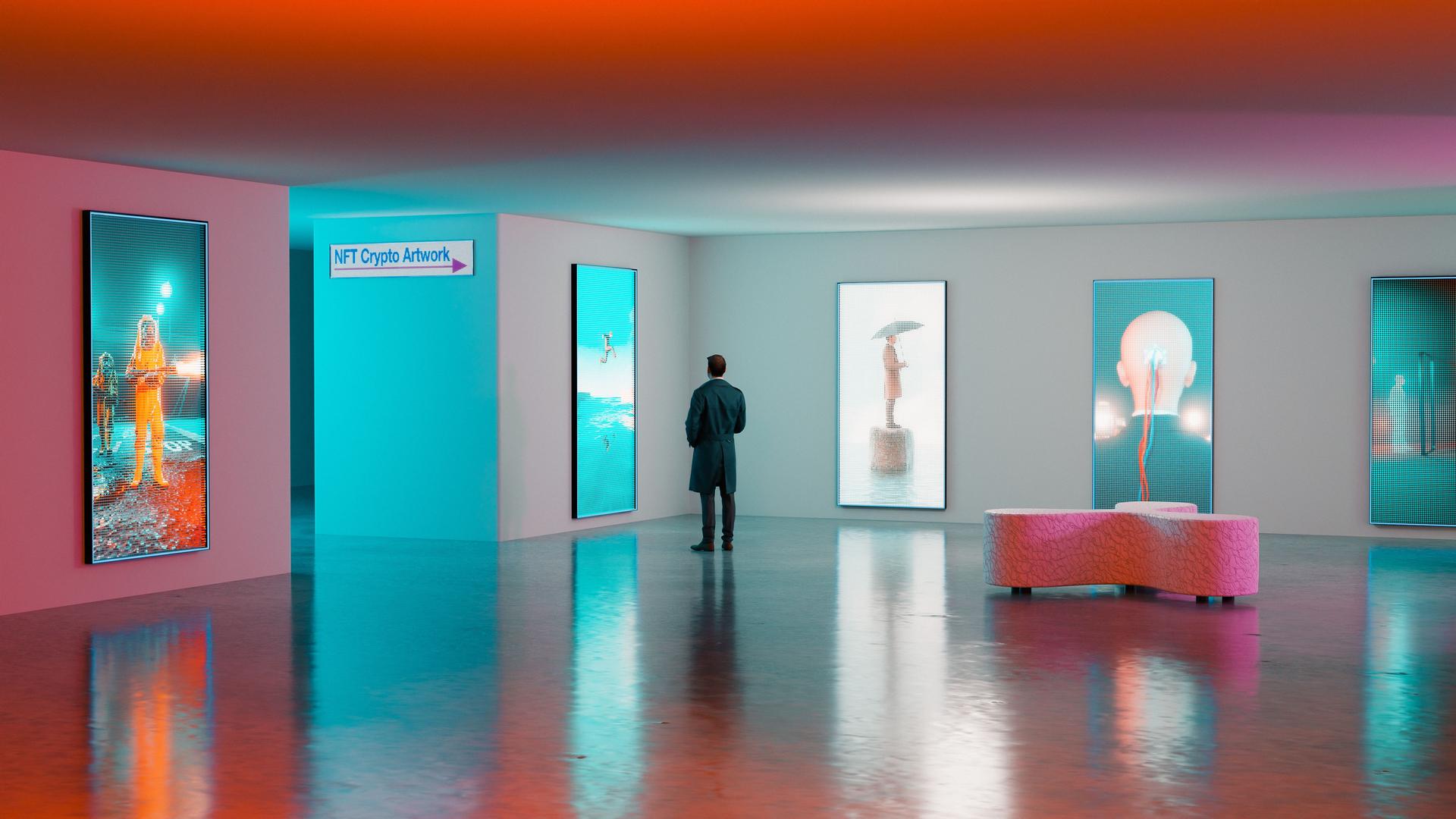 NFT crypto artwork displayed in an art museum  on tv screens